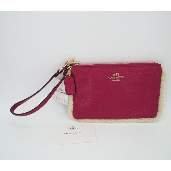 COACH Cranberry Pebbled Leather Natural Shearling Small Wristlet NWT - Picture 13 of 13